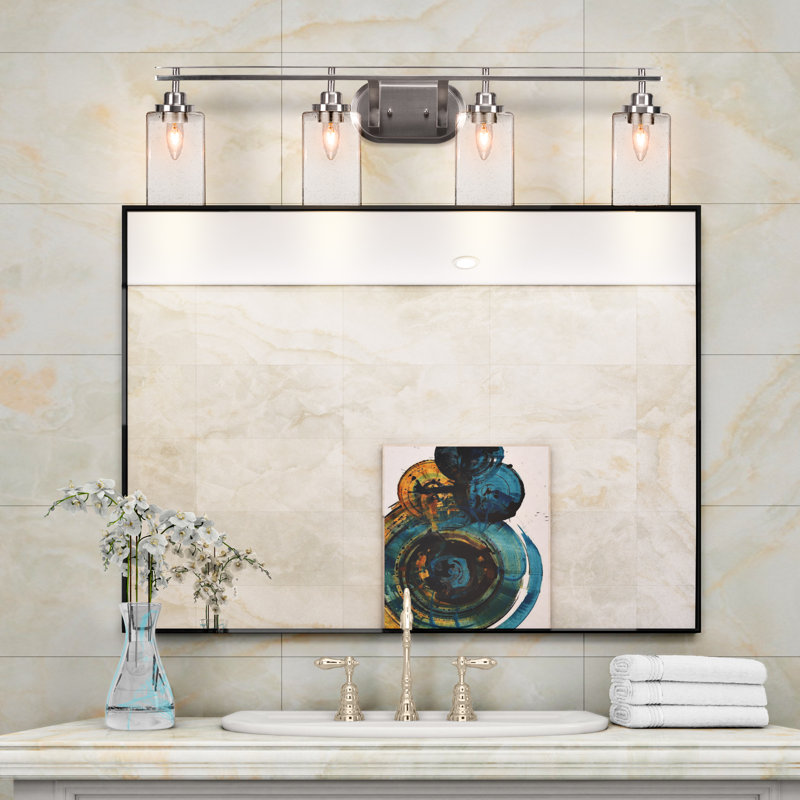 Barre d'éclairage de salle de bain 4 lumières Breindel avec verre carré transparent de 4 po, Nickel brossé, Clair