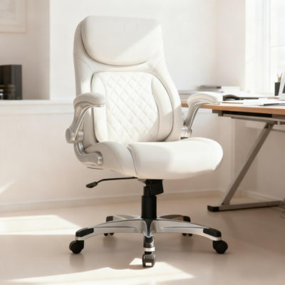 Nouhaus Posture Ergonomic Leather Office Chair. Click5 Lumbar Support with Flip-Up Arms. Modern Swivel Executive Chair and Computer Desk Chair White