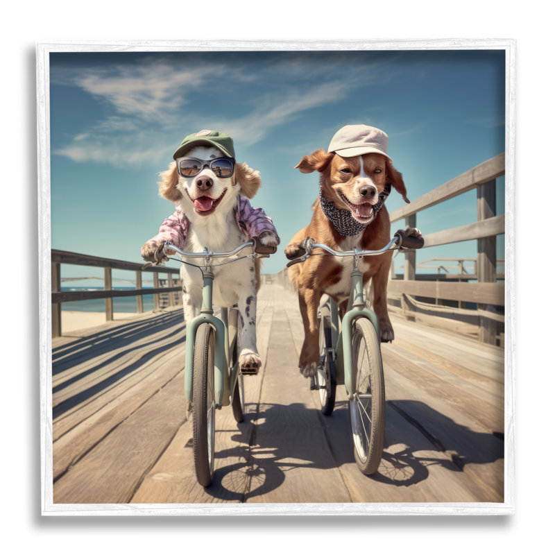 «Funny Bike Riding Dogs» par Ray Powers, reproduction d'art sur toile, Cadre blanc, H 24 po x l 24 po