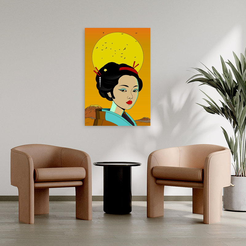 Elegant Japanese Geisha Classic Elegant Serene Bird Mountain Portrait Wall Art Print 1 Piece Wrapped Canvas Wall Art