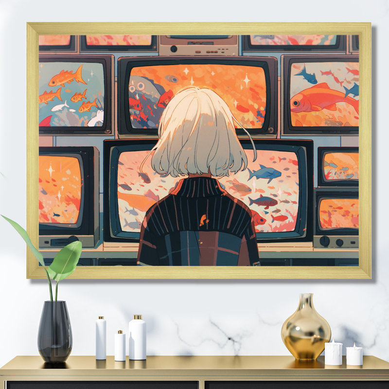 Personnage féminin d'anime II sur toile, Encadrement doré, H 16 po x l 32 po x P 1 po