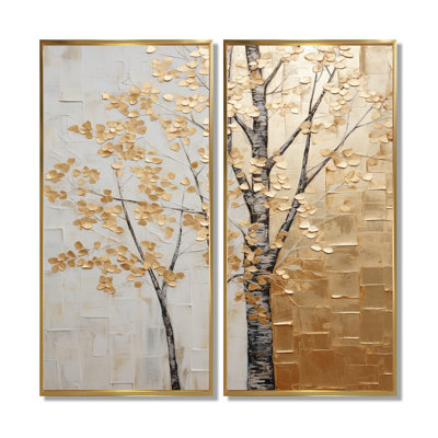 Minimalisme Golden Trees Harmony - Arbres encadrés, décorations murales beiges, ensemble de 2