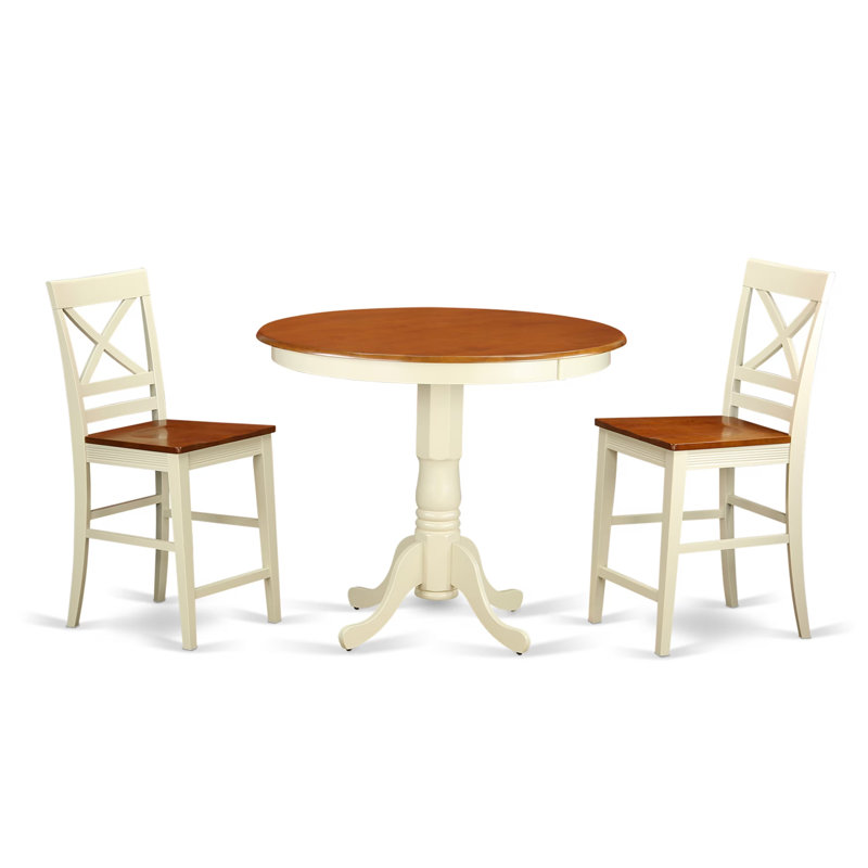 3 Piece Counter Height Dining Table Set Contains a Round Wooden Table with Pedestal and 2 Kitchen Dining Chairs, Buttermilk & Cherry