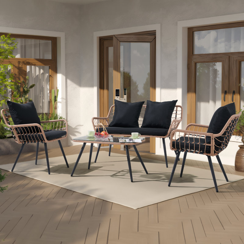 Outdoor 4 Pieces Patio Conversation Set With Cushions, Black