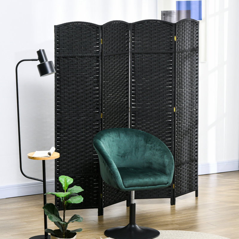4 Panel Privacy Screen, 5.6' Tall Folding Room Divider For Bedroom/Home Office. Black With Hand-Woven Pattern & Arched Top. Versatile Partition And Style. Wood Frame, Polypropylene Webbing.