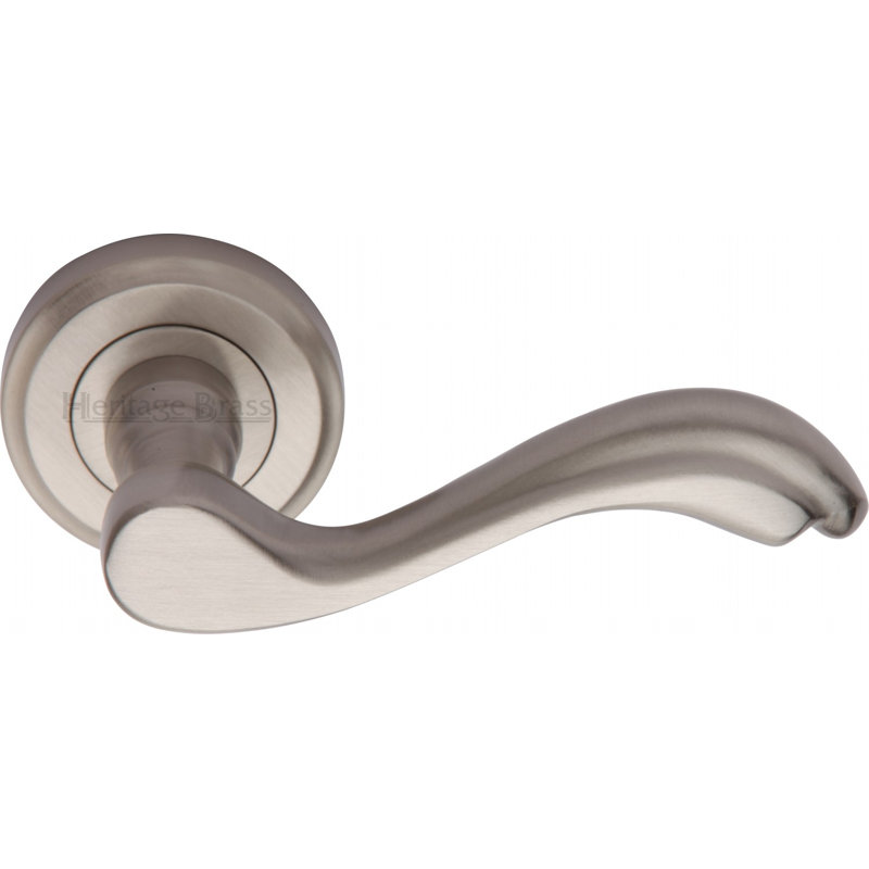Heritage Brass Heritage Door Handle Lever Latch on Round Rose Lisboa Design, Satin Nickel