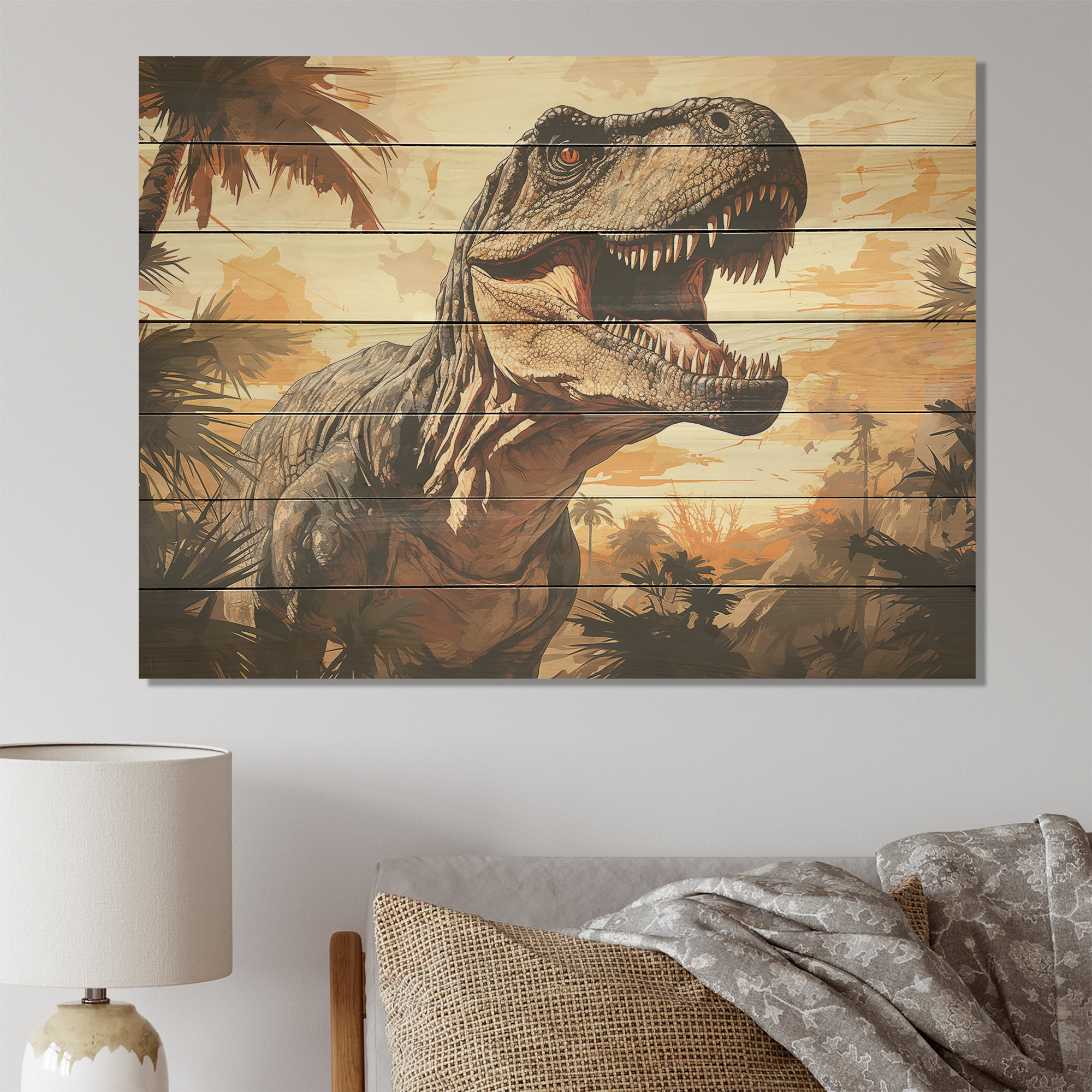 Trinx Vintage Jurassic Trex Portrait I - Dinosaur On Wood Print | Wayfair