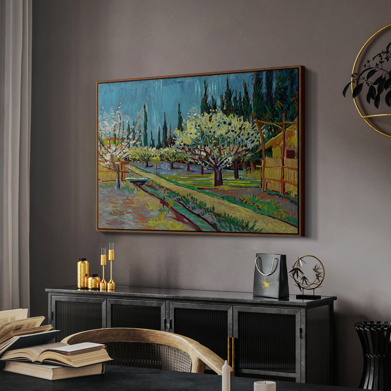 Orchard in Blossom, Borded by Cypresses, 1888 - Vincent van Gogh, toile tendue avec châssis, 26 x 40, Noyer