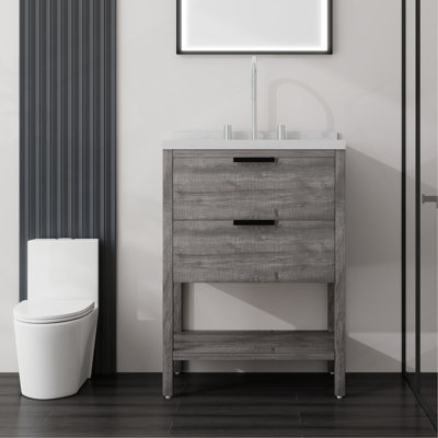 Meuble-lavabo autoportant de 61 cm avec lavabo, tiroir à fermeture amortie, comptoir et dosseret en marbre synthétique blanc de Carrare de 5 cm, contreplaqué