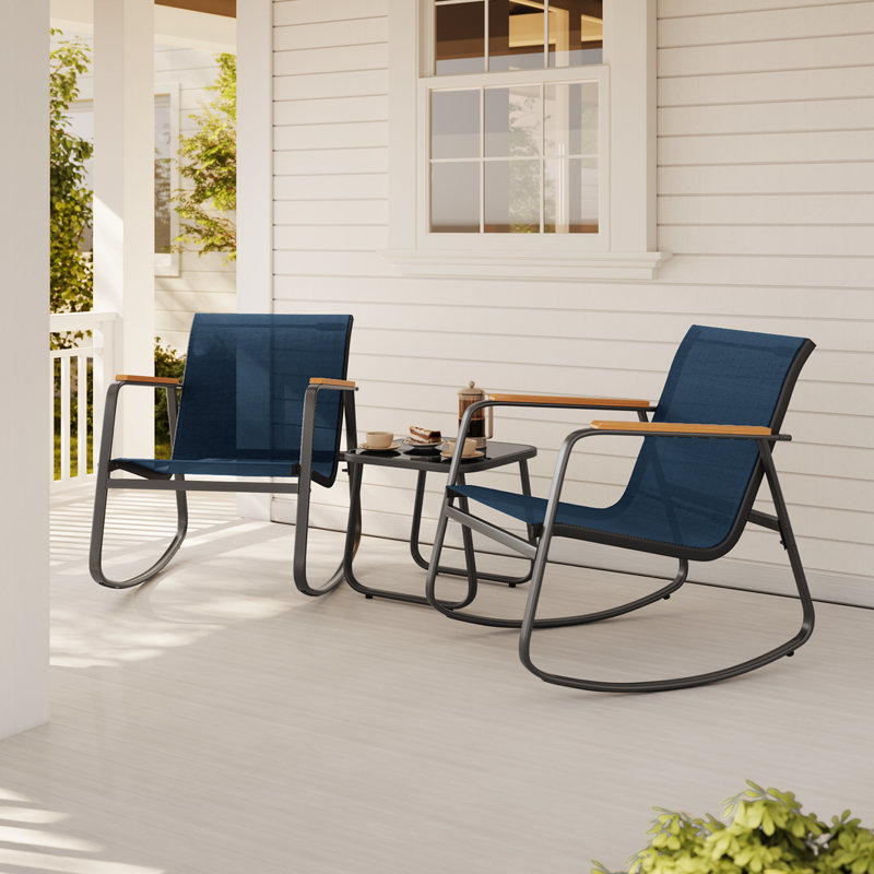 3-Piece  Outdoor Patio Conversation Rocking Set With Table，Seating Group, Blue