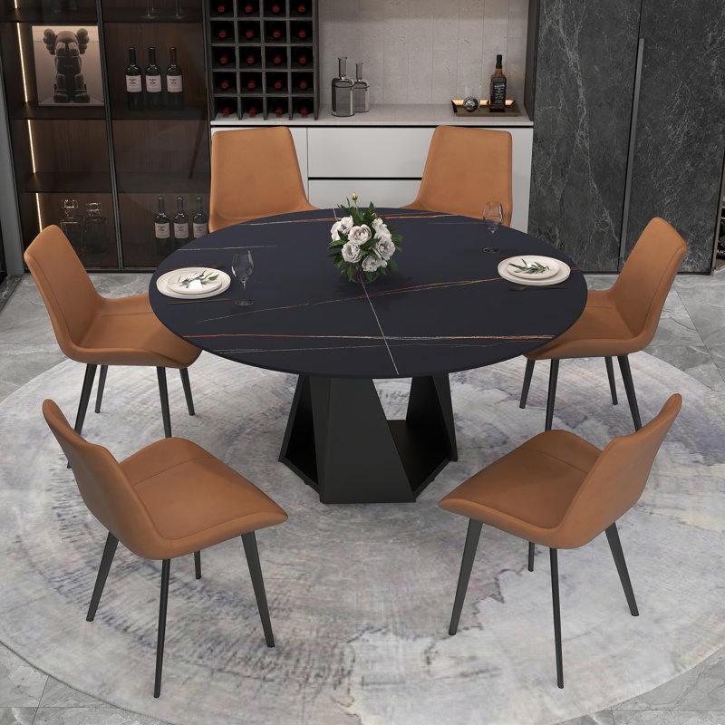 Ensemble de table de salle à manger en pierre frittée 7 pièces avec chaises en similicuir, Noir