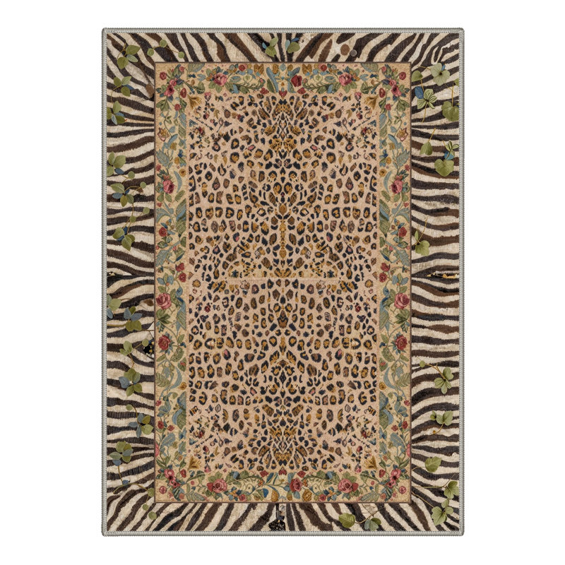 Alissa Liora Boho Leopard Floral Machine Washable Brown / Green / Beige Indoor Area Rug with Non-Slip Backing