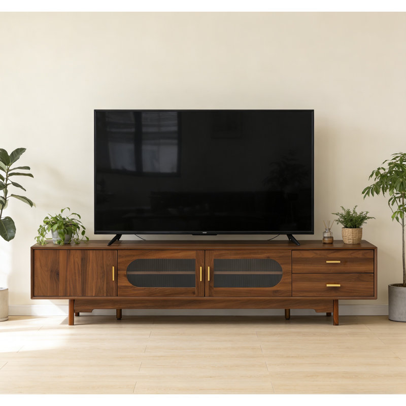  78inch Tv Stand For Tvs Up To 85", Modern Tv Cabinet With Fluted Glass Doors & 2 Drawers, For Living Room, Entertainment Center With Cable Management, Solid Wood Legs 