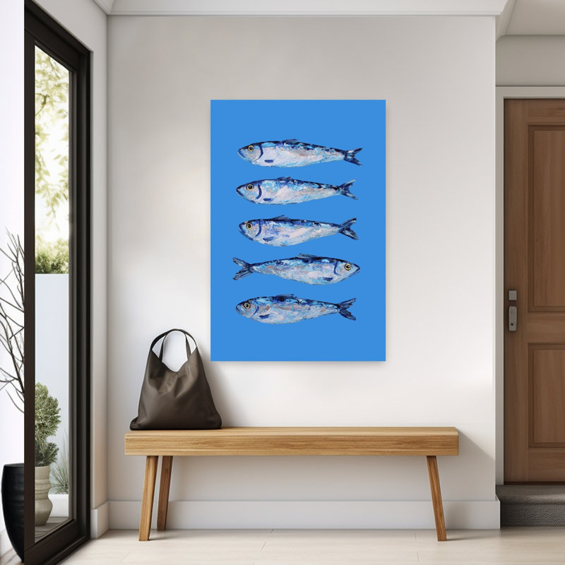 Cinq sardines bleues, art mural océan côtier, H 60 po x l 40 po