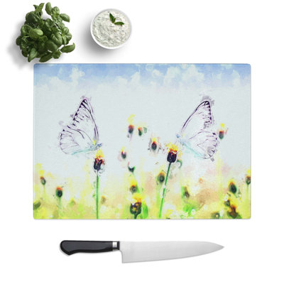 Tempered Glass Two Butterflies upon Yellow Flowers in Abstract Chopping Board