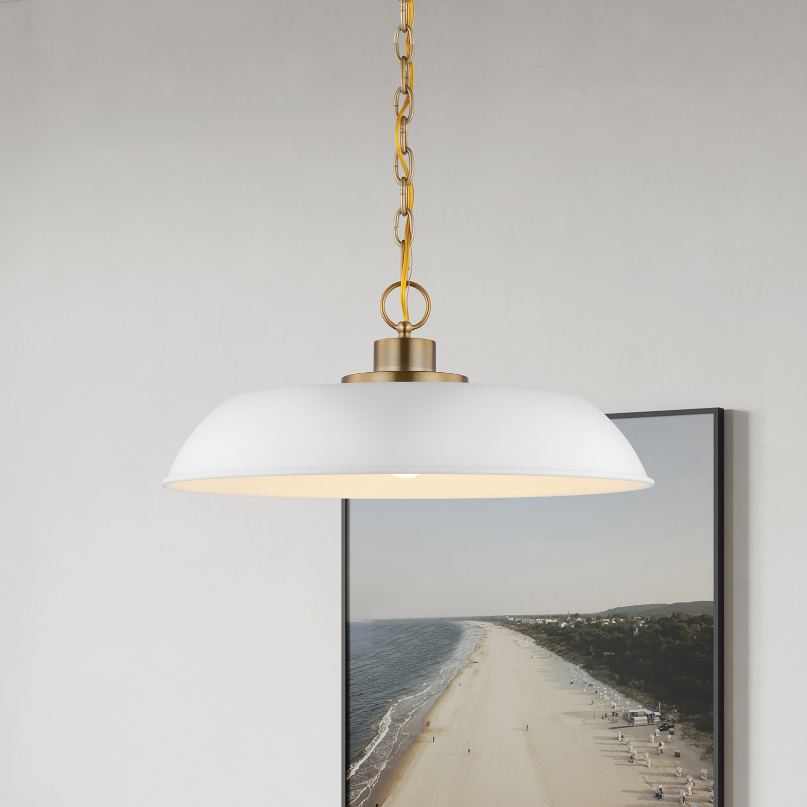 Eddy Dimmable Dome Single Light Pendant, Matte White/Burnished Brass, 8" H x 19" W x 19" D