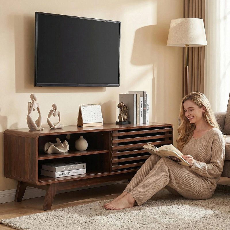 Meuble télé avec porte coulissante à lattes, console multimédia pour le salon