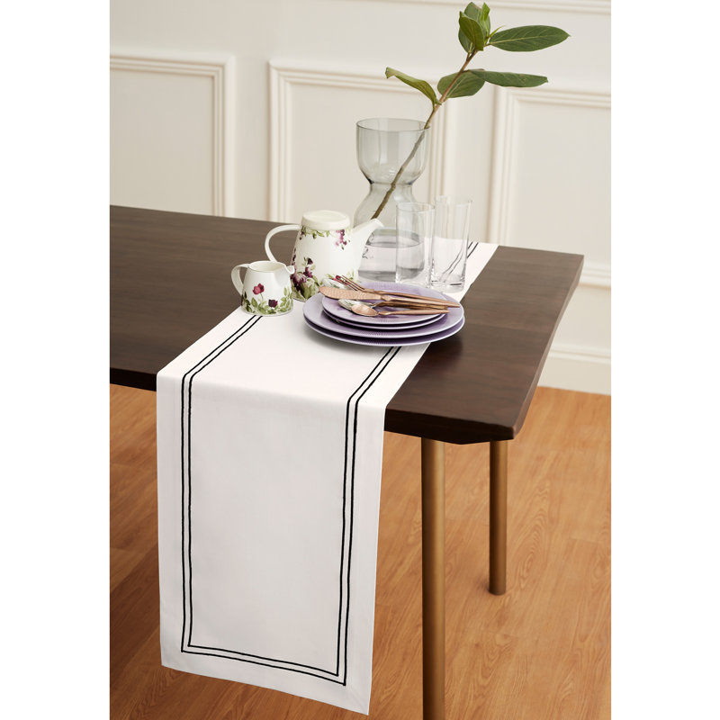 Positano Cotton Linen Table Runner, White and Black, 36" x 14"