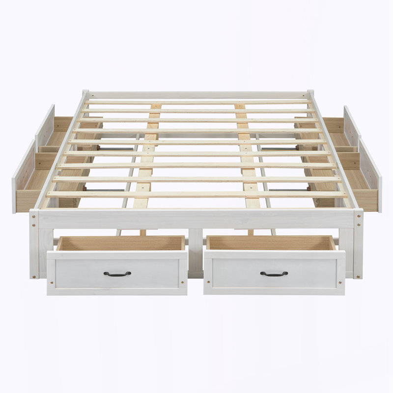 Grand lit plateforme avec 6 tiroirs de rangement, Antique White