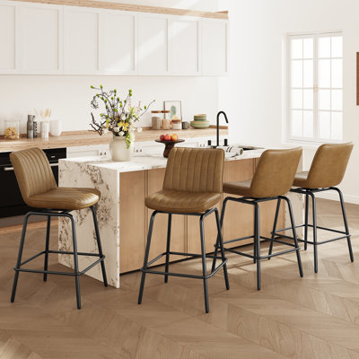 Modern Swivel Upholstered Bar Stool with PU Leather Seat and Metal Frame, Armless Counter Height Stool with Footrest