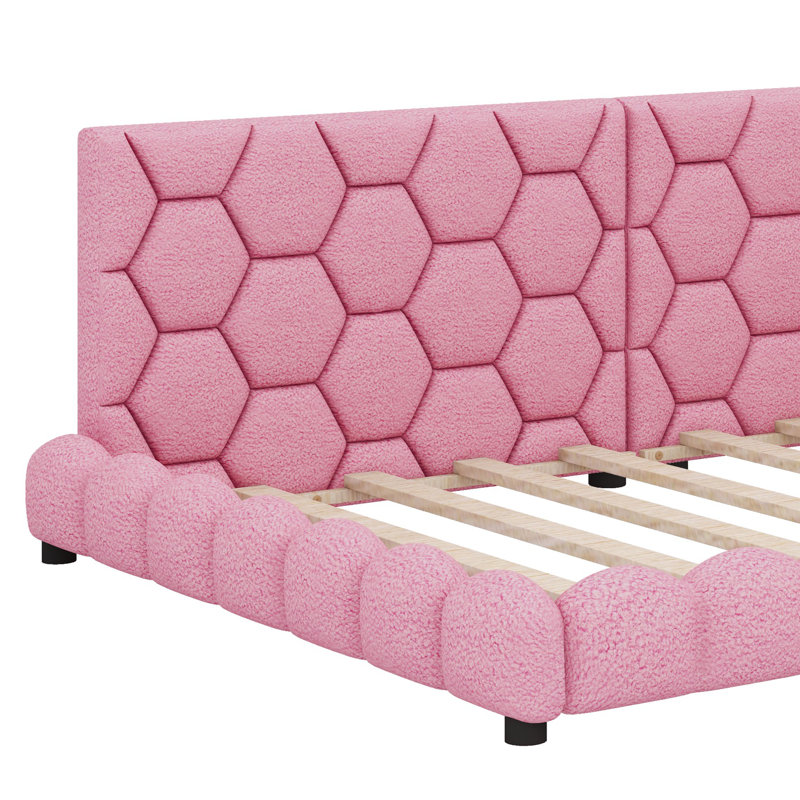 Un lit plateforme entièrement rembourré de taille double, équipé de ports USB et d'une bande à DEL, Rose