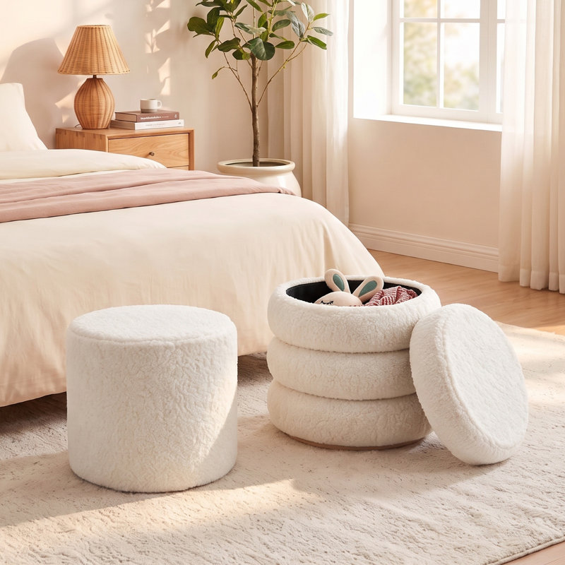 Ensemble de 2 tabourets ronds en velours avec couvercle amovible, repose-pieds de rangement moderne pour la chambre à coucher