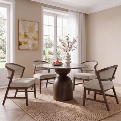 Round Dining Table with Travertine Top and Sculptural Wood Pedestal Base