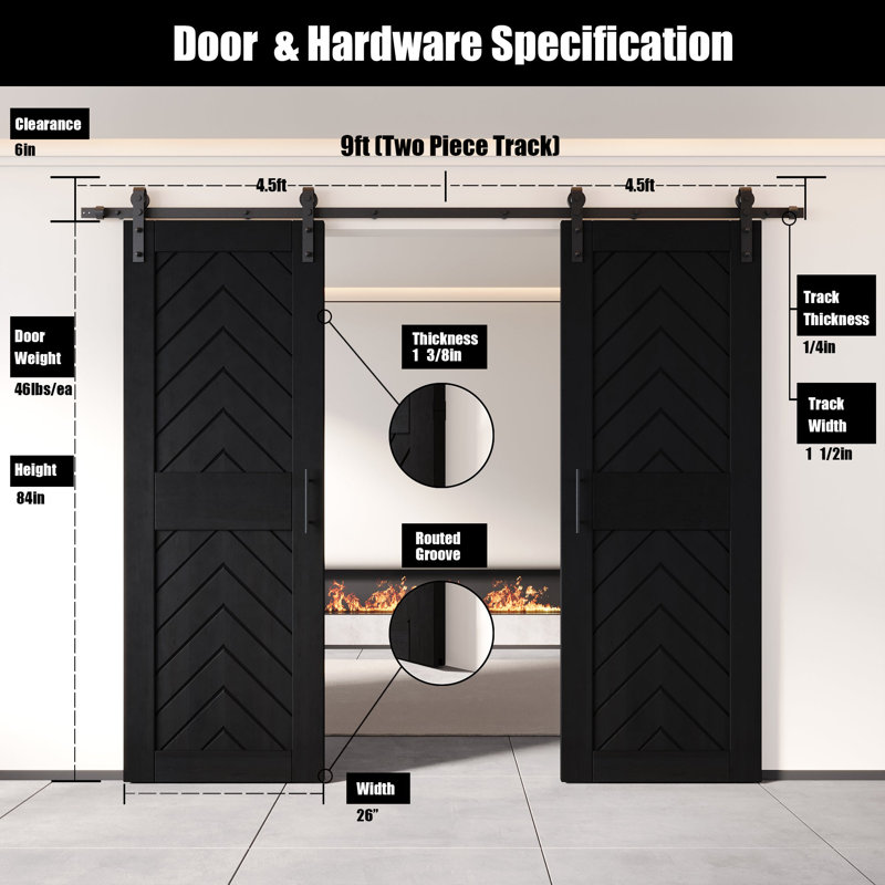 Homacer noir 26 po x 84 po fini et non assemblé 4-en-1 Fishbone deux portes de grange avec quincaillerie d'installation sans dérivation, rail de 9 pi, utilisation intérieure seulement