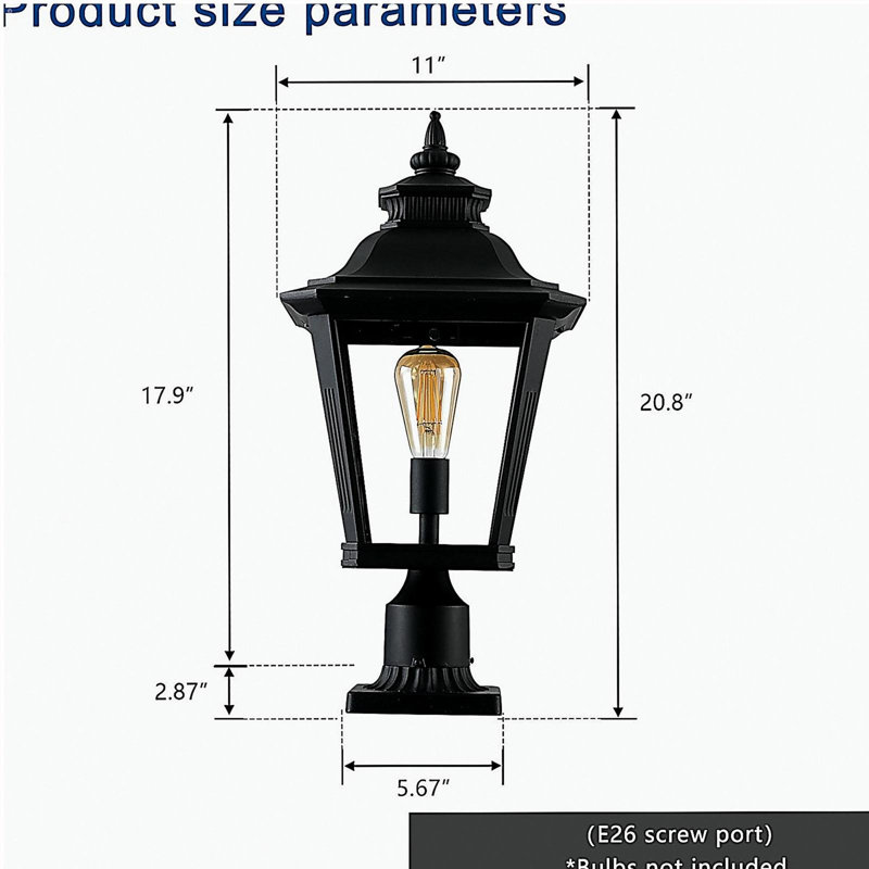 21 Inches (High) 1 Piece Set Outdoor Column Lantern Light - Classic Black Metal and Transparent Glass Column Lantern, for Garden, Gate, Driveway, and Path Lighting, Elegant Design (Bulb Not Included)