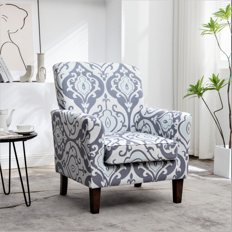Chaise avec accoudoirs en mélange de polyester à motifs, structure en bois de bouleau massif avec pieds fuselés bruns, chaise d'appoint rembourrée de mousse avec garniture pour le bureau du salon