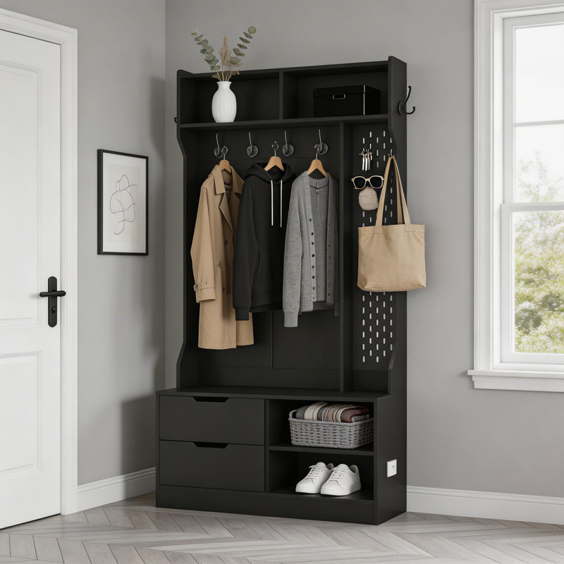Black Hall Tree With 6 Coat Hooks, Entryway Storage Bench & Shoe Rack, Multifunctional Organizer For Hallway & Entrance