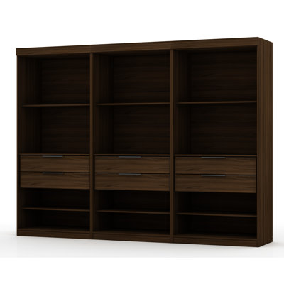 Mulberry Contemporary Modern Open Wardrobe Closet with Drawers and Adjustable Shelves in Chestnut Brown