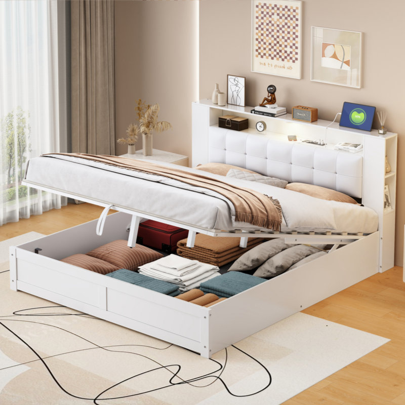 Lit plateforme avec rangement en cuir Vegan, Blanc
