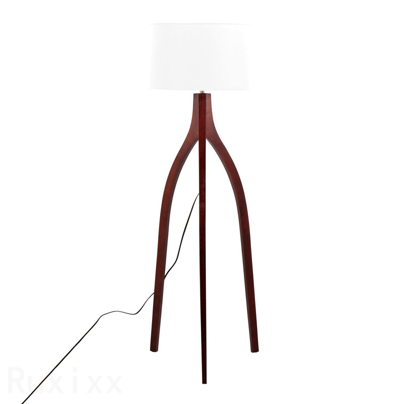 Lampe sur pied contemporaine en bois de noyer avec un abat-jour en tissu blanc par Lumisource