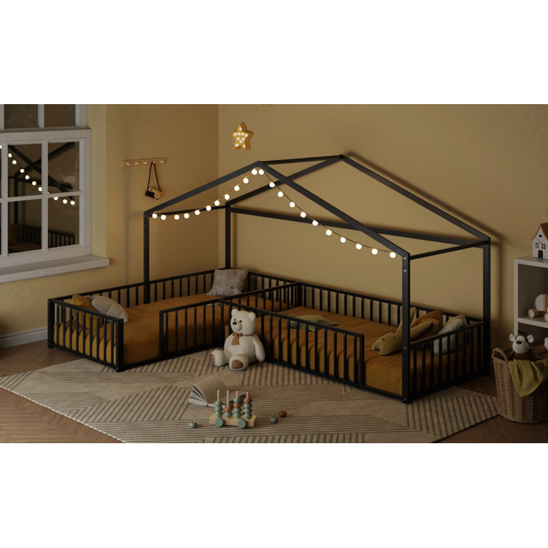 Double Twin Size L-Shaped Montessori Bed, Black