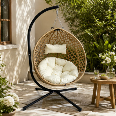 Foldable Hanging Egg Chair with Stand, HDPE Rattan Wicker Swing Chair with Cushion, Heavy Duty Frame 350 Lbs Capacity, Outdoor Patio Indoor Bedroom Balcony, Beige+Yellow