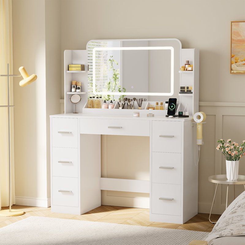 Vanity Desk with Mirror and Lights, 43.3" 7 Drawers, Charging Station, White
