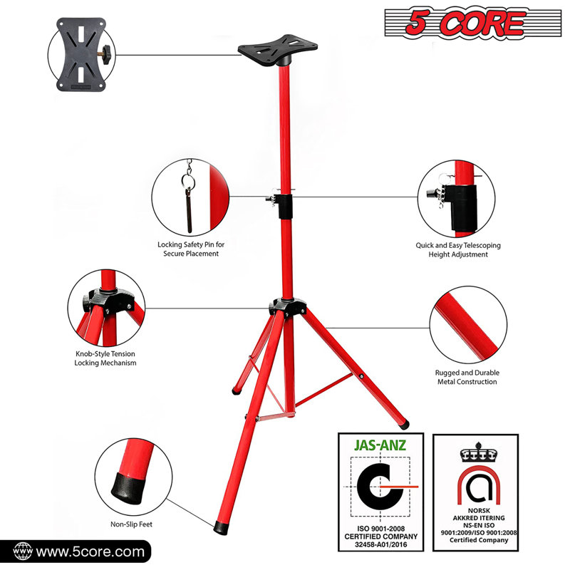 5 supports de haut-parleurs de studio à hauteur réglable avec trépied et support de 35 mm, Rouge