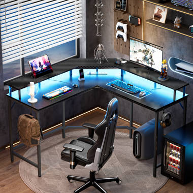 Huuger L Shaped Desk Computer Desk with LED Lights & Power Outlets Gaming Desk with Storage Shelves Corner Desk Home Office Desks for Bedroom Rust