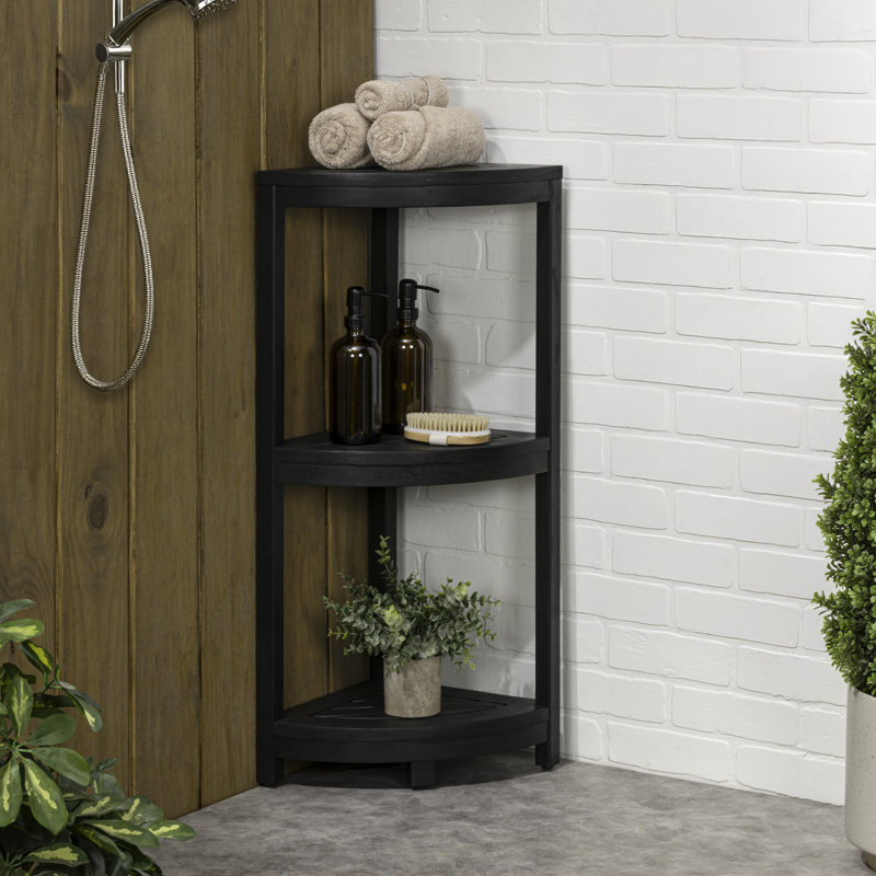 Sela 33" Classic Minimalist 3-Tier Acacia Wood Freestanding Bathroom Corner Shelf, Black