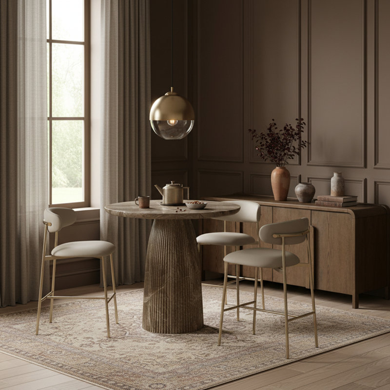 Tabouret de bar rembourré en cuir Lupita, Doré, Cuir taupe végétalien