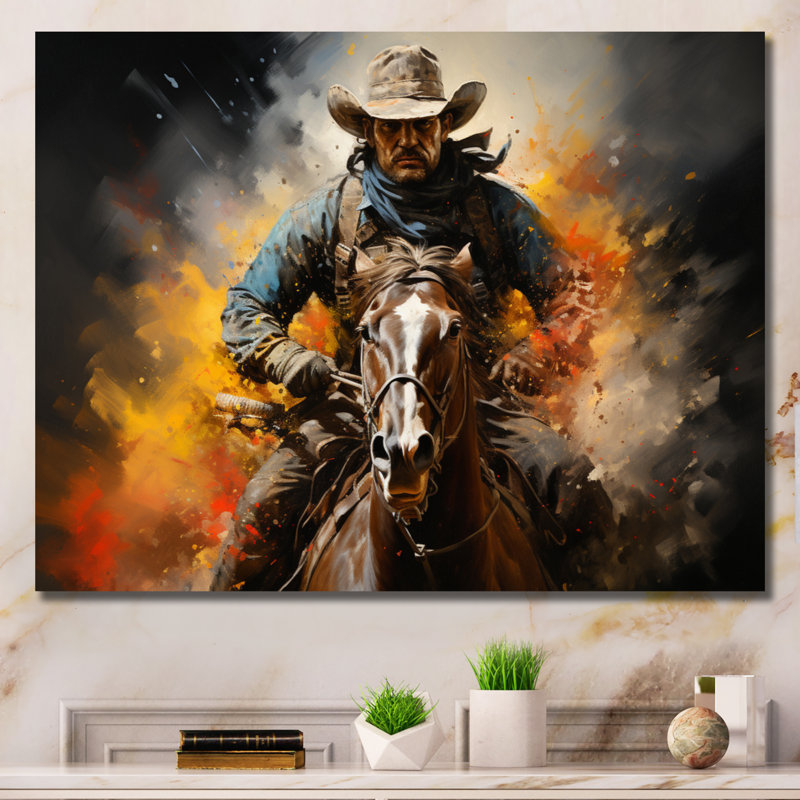 «Western Rodeo Spirit Pointillism Art», reproduction d'art sur toile, Toile tendue, H 34 po x l 44 po x P 1,5 po