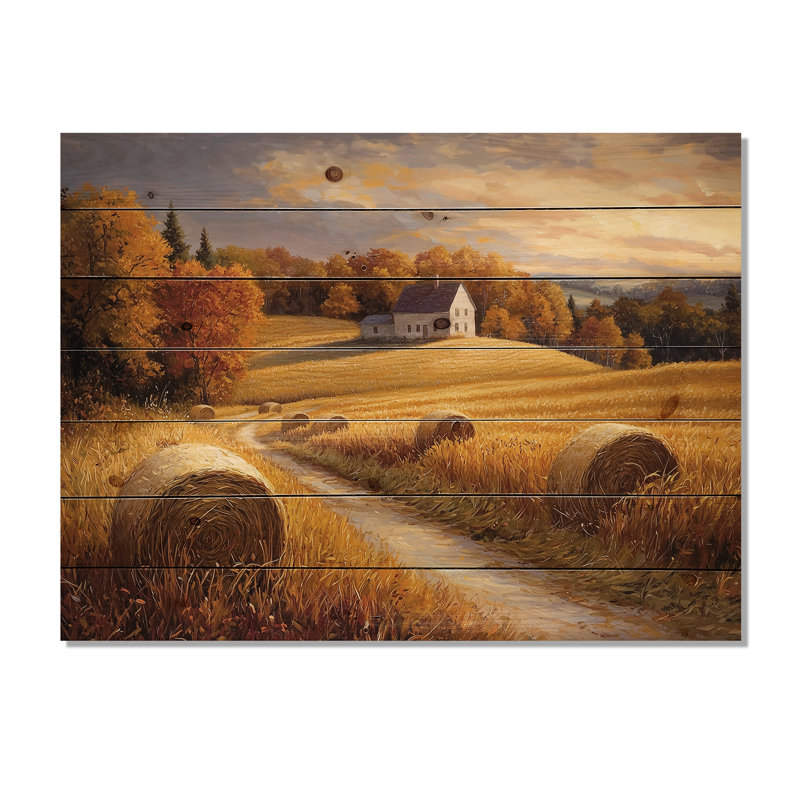 «Countryside Golden Harvest Fields IV - Art mural en bois campagne - sur bois de pin naturel, H 30 po x l 40 po x P 0,78 po
