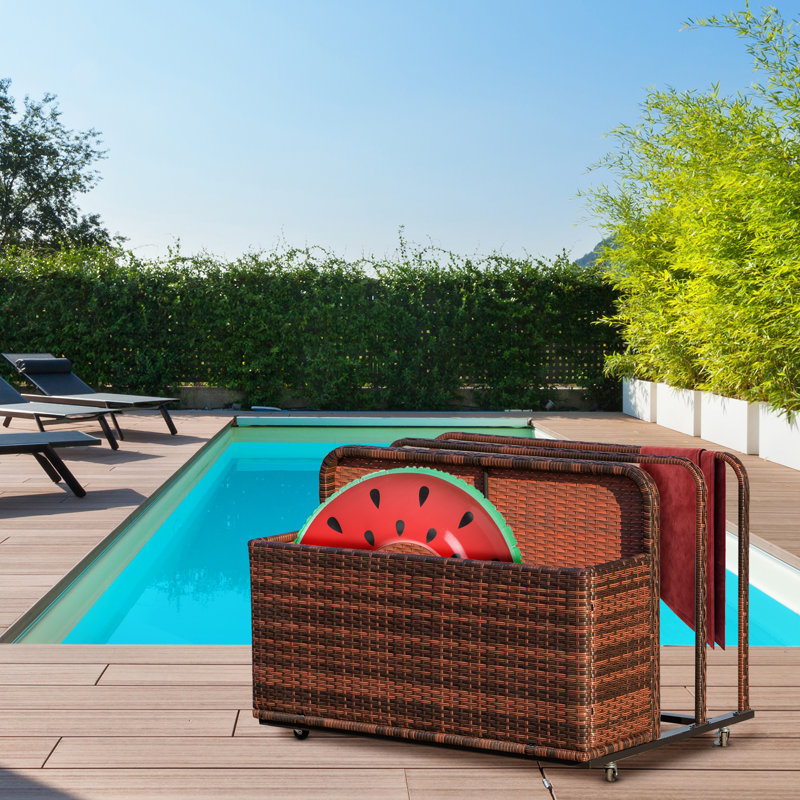 Outsunny Wicker Patio Pool Float Storage Basket, PE Rattan Outdoor Pool Caddy with Rolling Wheels for Floaties, Noodles, Life Vests, Beach Balls, Toys, Mixed Brown