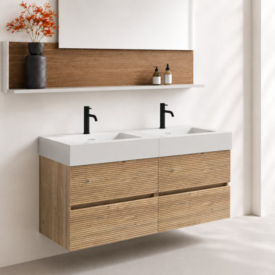 Meuble-lavabo double de 48 po, meuble-lavabo mural flottant avec tiroirs en chêne brut, lavabo à surface solide d'ingénierie blanche, lavabo une pièce, armoire de salle de bain moderne, robinet et drain non inclus