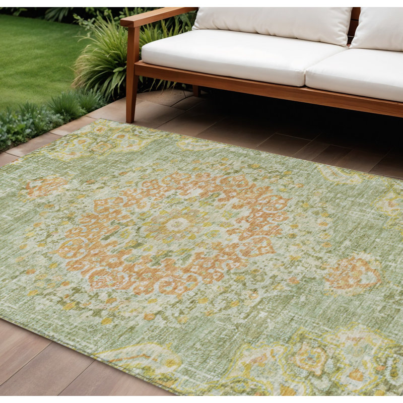 Tapis intérieur lavable à motif de médaillon floral 9 pi x 12 pi vert artichaut