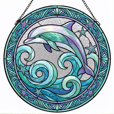 Dolphin Waves Stained Glass Window Panel，12"H