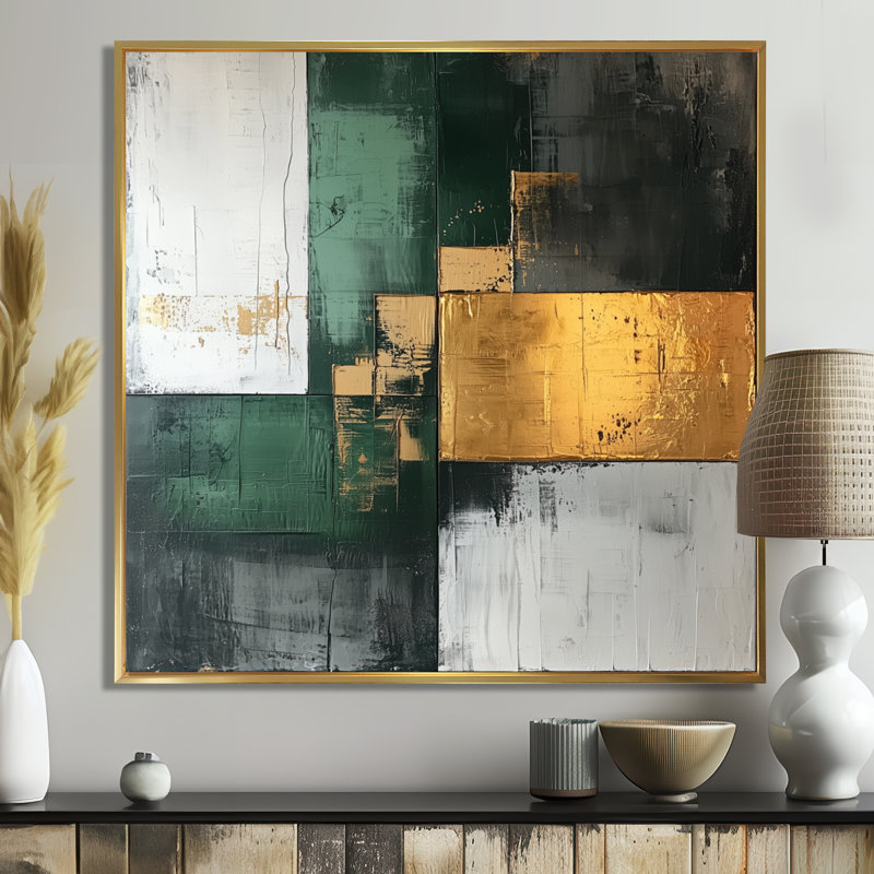 Géométrique or vert et gris Pure Form II - art mural abstrait géométrique, Impression encadrée flottante sans passe-partout