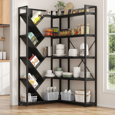 Industrial L-shaped Corner Bookshelf, 5-tier Open Storage Shelving Unit With Unique Diagonal Bookcase, Freestanding Black Metal Frame Display Rack For