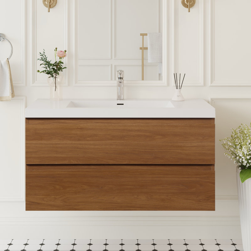 Meuble-lavabo mural simple 42 po avec plateau intégré en résine, 2 tiroirs à fermeture en douceur et assemblage complet, noyer doré miel